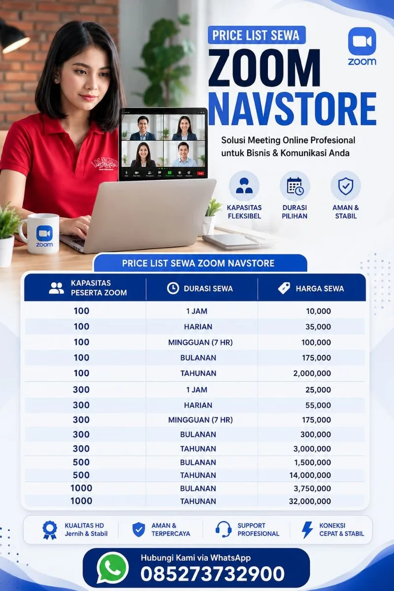 Price list sewa Zoom Zoom Navstore: kapasitas 100 sampai 1000 peserta, durasi 1 jam sampai tahunan